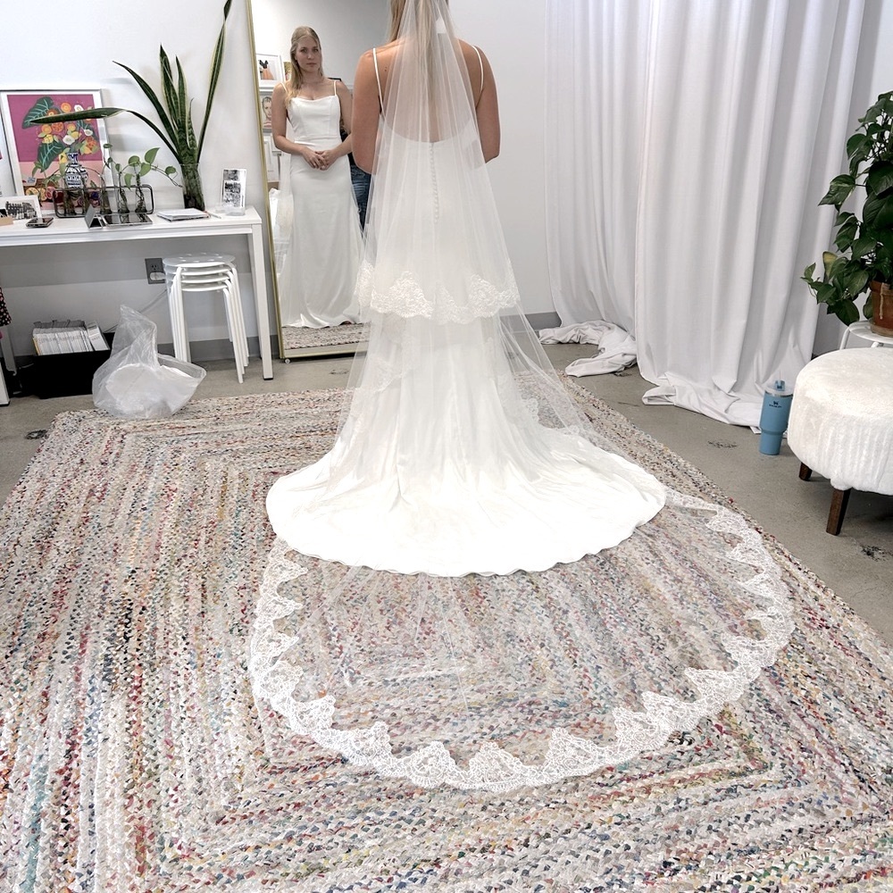Untamed Petals Gatsby Veil - Cathedral length, lace edged veil with blusher